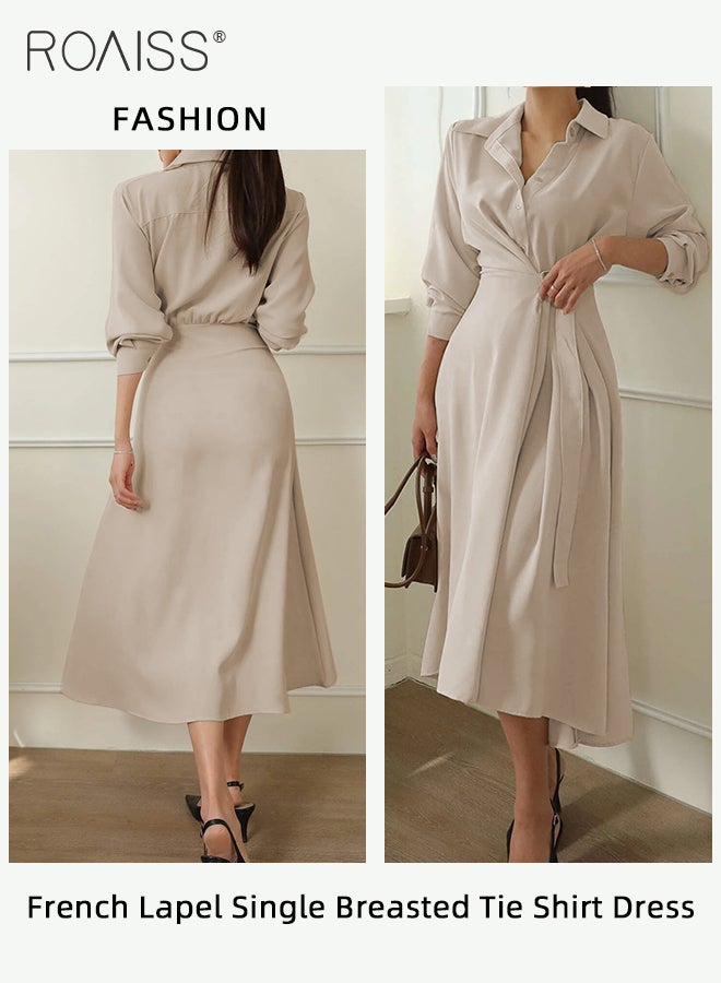 Wrap Tunic Shirt Dress for Women with Side Knot Ladies Elegant and Sophisticated Lapel Single-Breasted Shirt Dress Women's Lace-Up Long-Sleeve Waist Slimming  A-Line Dress