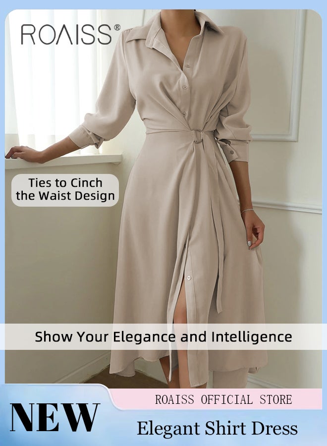 Wrap Tunic Shirt Dress for Women with Side Knot Ladies Elegant and Sophisticated Lapel Single-Breasted Shirt Dress Women's Lace-Up Long-Sleeve Waist Slimming  A-Line Dress