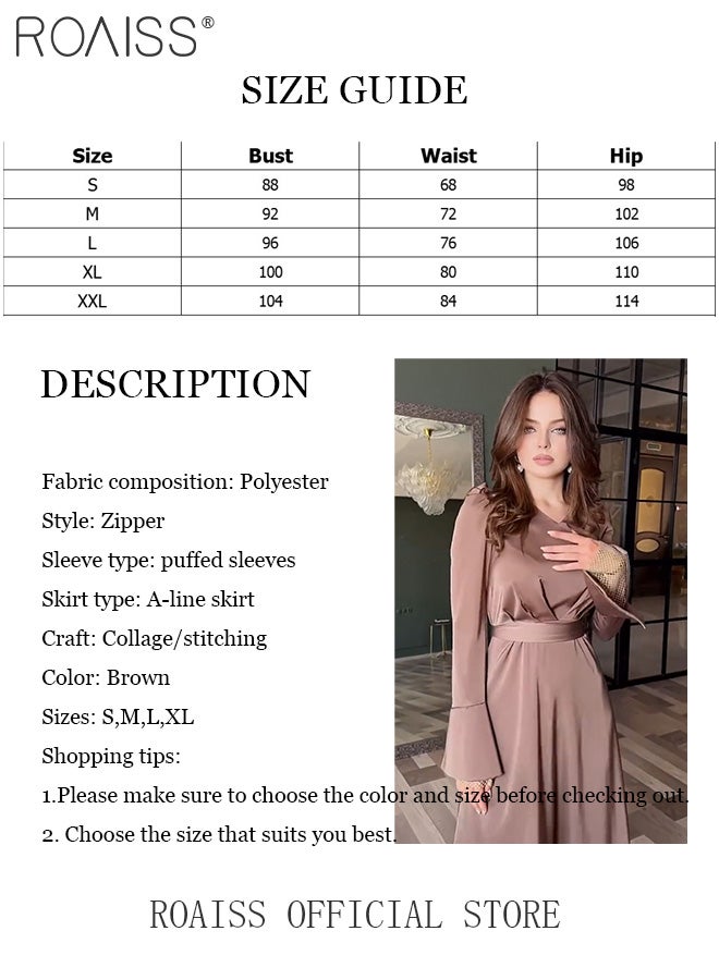 V Neck Puff Sleeves Slim Dress for Women Advanced Solid Color Tie-Waisted Ankle-Length Skirt Ladies Elegant Temperament Comfortable Skin-Friendly Breathable Banquet Dress