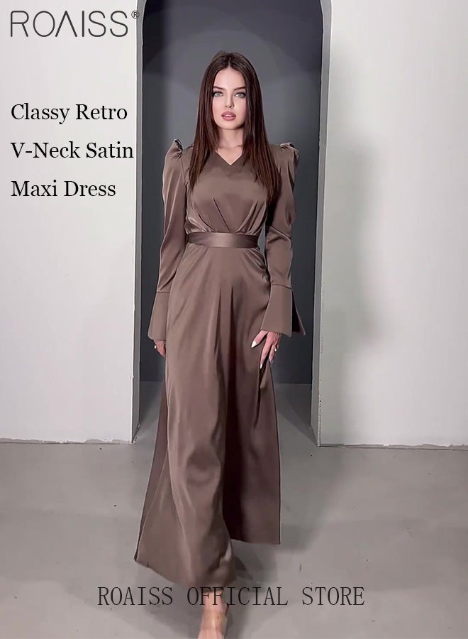 V Neck Puff Sleeves Slim Dress for Women Advanced Solid Color Tie-Waisted Ankle-Length Skirt Ladies Elegant Temperament Comfortable Skin-Friendly Breathable Banquet Dress