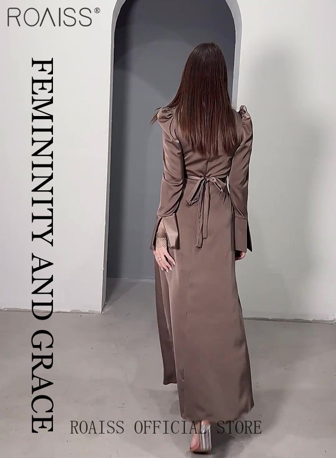 V Neck Puff Sleeves Slim Dress for Women Advanced Solid Color Tie-Waisted Ankle-Length Skirt Ladies Elegant Temperament Comfortable Skin-Friendly Breathable Banquet Dress