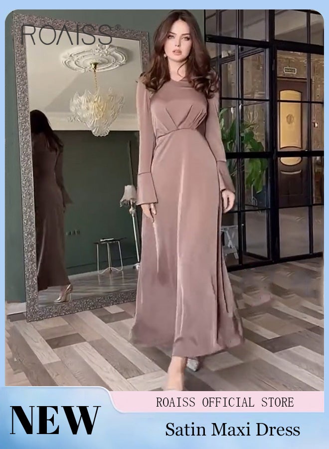 V Neck Puff Sleeves Slim Dress for Women Advanced Solid Color Tie-Waisted Ankle-Length Skirt Ladies Elegant Temperament Comfortable Skin-Friendly Breathable Banquet Dress