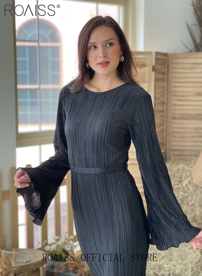 Trumpet Sleeve Ankle-Length Skirt for Women Crew Neck Advanced Waist Slim Pleated Long Sleeves Banquet Dress Ladies Elegant Temperament Comfortable Skin-Friendly Evening Gown Dress