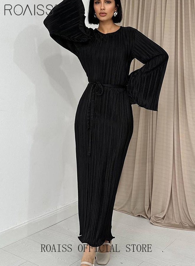 Trumpet Sleeve Ankle-Length Skirt for Women Crew Neck Advanced Waist Slim Pleated Long Sleeves Banquet Dress Ladies Elegant Temperament Comfortable Skin-Friendly Evening Gown Dress