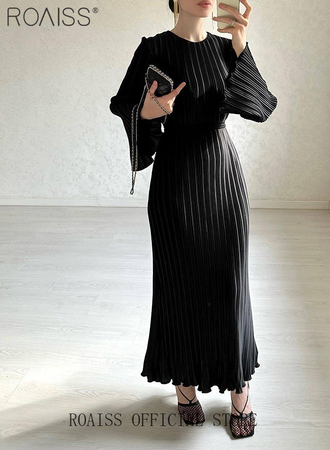 Trumpet Sleeve Ankle-Length Skirt for Women Crew Neck Advanced Waist Slim Pleated Long Sleeves Banquet Dress Ladies Elegant Temperament Comfortable Skin-Friendly Evening Gown Dress