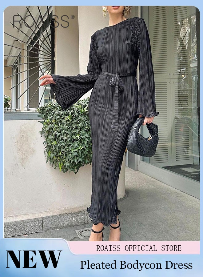 Trumpet Sleeve Ankle-Length Skirt for Women Crew Neck Advanced Waist Slim Pleated Long Sleeves Banquet Dress Ladies Elegant Temperament Comfortable Skin-Friendly Evening Gown Dress