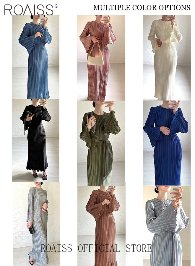 Trumpet Sleeve Ankle-Length Skirt for Women Crew Neck Advanced Waist Slim Pleated Long Sleeves Banquet Dress Ladies Elegant Temperament Comfortable Skin-Friendly Evening Gown Dress