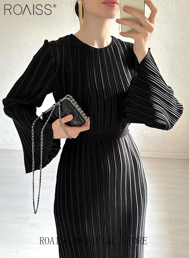 Trumpet Sleeve Ankle-Length Skirt for Women Crew Neck Advanced Waist Slim Pleated Long Sleeves Banquet Dress Ladies Elegant Temperament Comfortable Skin-Friendly Evening Gown Dress