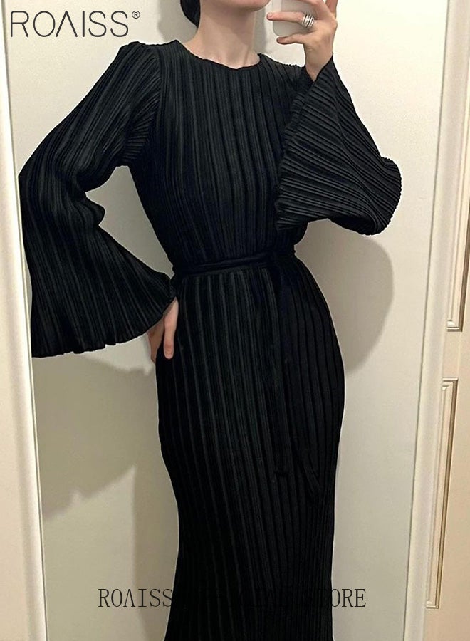 Trumpet Sleeve Ankle-Length Skirt for Women Crew Neck Advanced Waist Slim Pleated Long Sleeves Banquet Dress Ladies Elegant Temperament Comfortable Skin-Friendly Evening Gown Dress