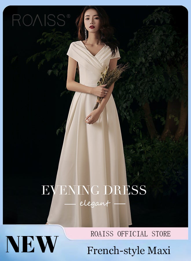 French Evening Gown Dress for Women Advanced Solid Color Polyester V Neck Slim Fit Banquet Dress Ladies Elegant Temperament Comfortable Skin-Friendly Breathable Floor-Length Skirt