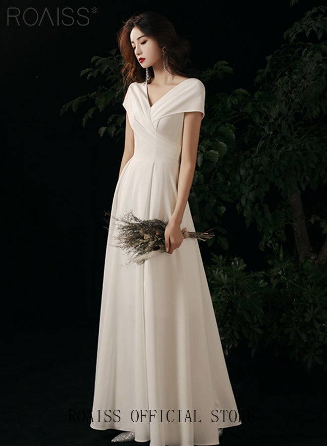 French Evening Gown Dress for Women Advanced Solid Color Polyester V Neck Slim Fit Banquet Dress Ladies Elegant Temperament Comfortable Skin-Friendly Breathable Floor-Length Skirt