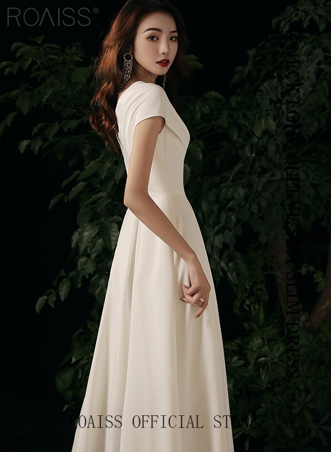 French Evening Gown Dress for Women Advanced Solid Color Polyester V Neck Slim Fit Banquet Dress Ladies Elegant Temperament Comfortable Skin-Friendly Breathable Floor-Length Skirt