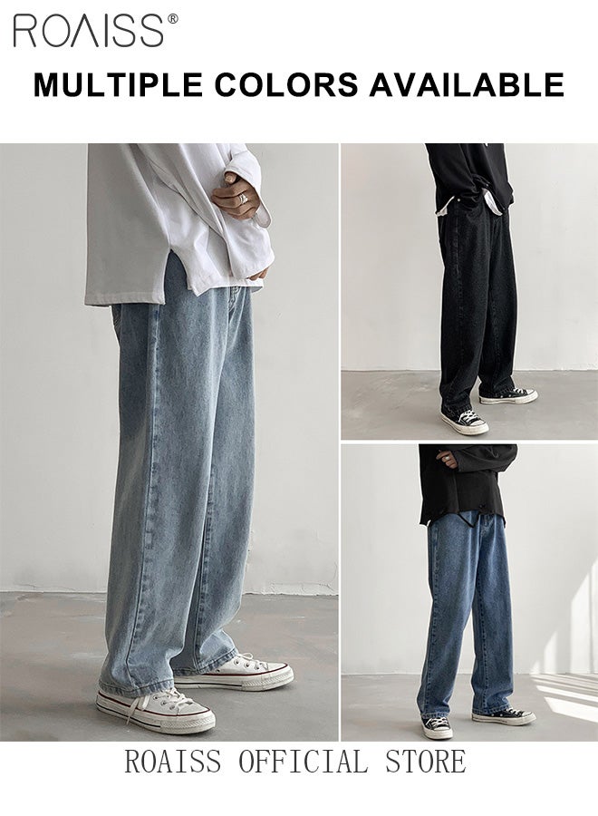 Loose Mid Waist Zipper Jeans for Men Versatile Casual Premium Cotton Straight Pants Mens Comfortable Breathable Skin-Friendly Trousers with Environmentally Friendly Dyeing Process