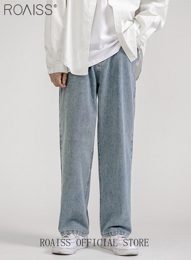 Loose Mid Waist Zipper Jeans for Men Versatile Casual Premium Cotton Straight Pants Mens Comfortable Breathable Skin-Friendly Trousers with Environmentally Friendly Dyeing Process