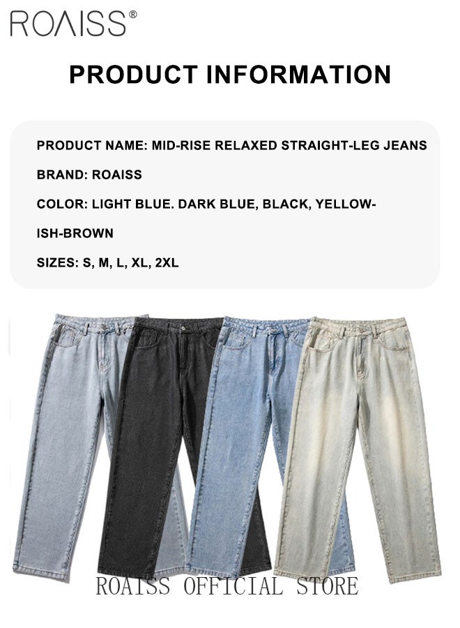 Loose Mid Waist Zipper Jeans for Men Versatile Casual Premium Cotton Straight Pants Mens Comfortable Breathable Skin-Friendly Trousers with Environmentally Friendly Dyeing Process