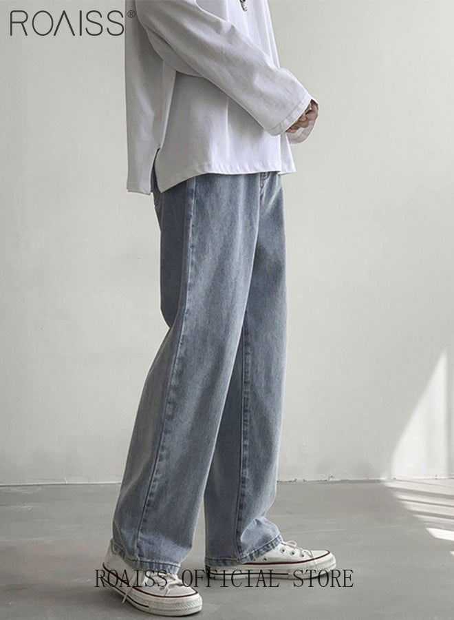 Loose Mid Waist Zipper Jeans for Men Versatile Casual Premium Cotton Straight Pants Mens Comfortable Breathable Skin-Friendly Trousers with Environmentally Friendly Dyeing Process