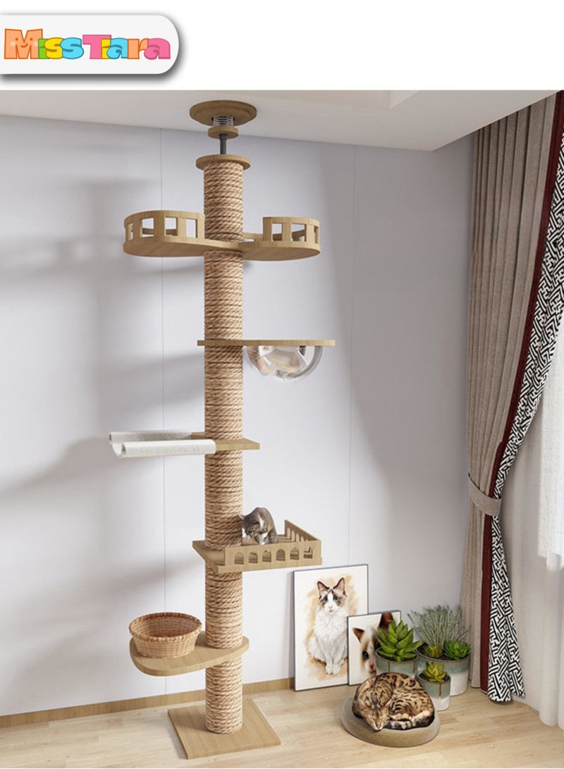 Height adjustable Cat Scratching Activity Tree Jute Scratch Post for Large Cats, Kittens with Platform, Rubber Wood