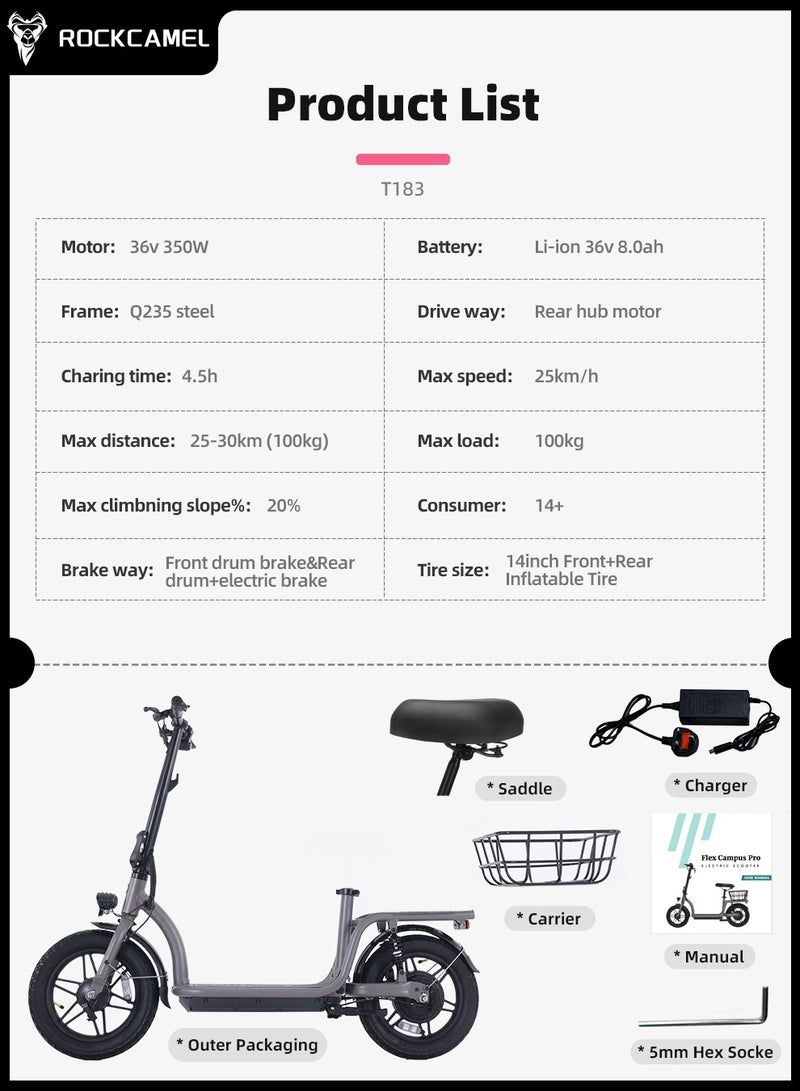 48V Electric Scooter for Adults Up To 30km/h Speed with Seat 140KG Capacity Scooter Adult,6.5