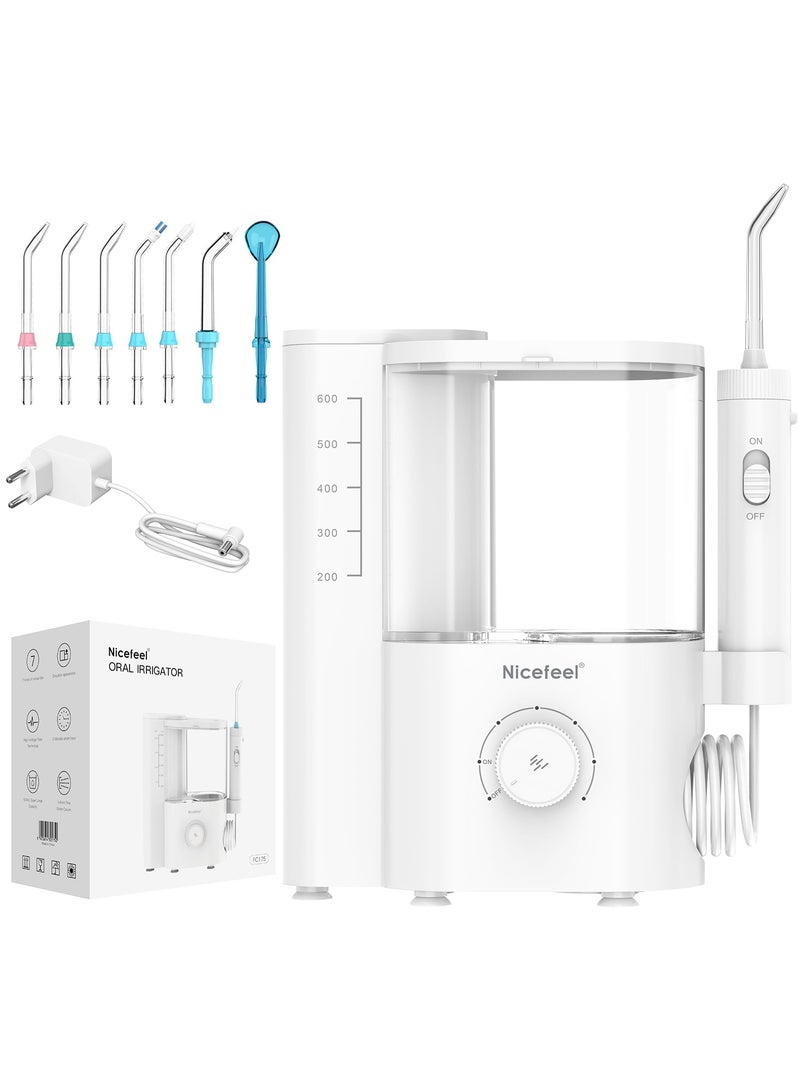 Water Flosser Tooth Cleaner Electric Oral Irrigator Dental Teeth Care 600ml Capacity with 2 Tips and Advanced Pressure Control System with 10 Settings, Dental Plaque Removal Tool, White