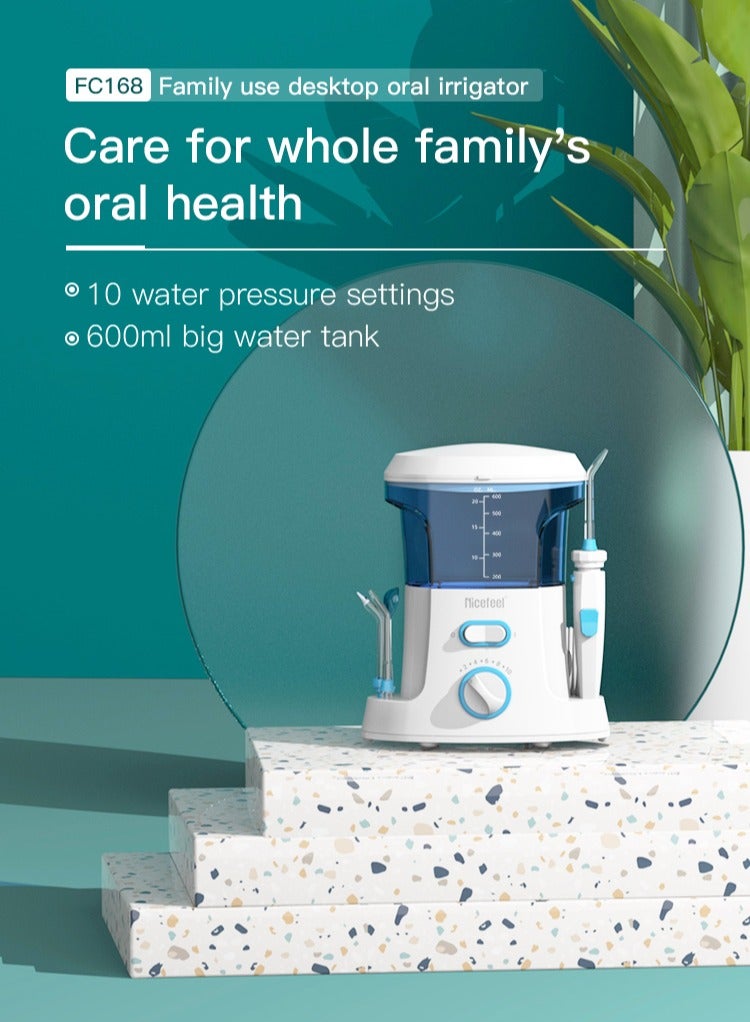 Water Flosser Tooth Cleaner Electric Oral Irrigator Dental Teeth Care 600ml Capacity with 2 Tips and Advanced Pressure Control System with 10 Settings, Dental Plaque Removal Tool, White/Blue