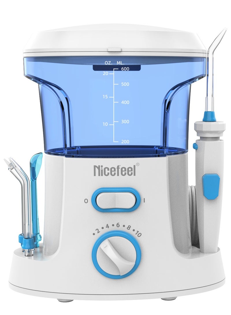 Water Flosser Tooth Cleaner Electric Oral Irrigator Dental Teeth Care 600ml Capacity with 2 Tips and Advanced Pressure Control System with 10 Settings, Dental Plaque Removal Tool, White/Blue