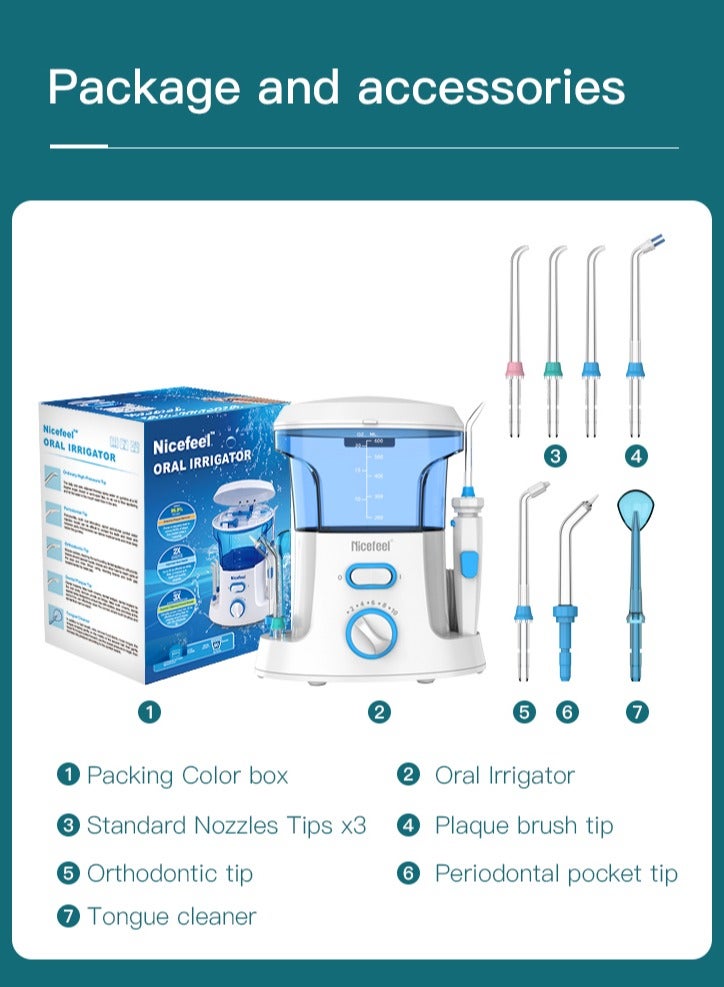 Water Flosser Tooth Cleaner Electric Oral Irrigator Dental Teeth Care 600ml Capacity with 2 Tips and Advanced Pressure Control System with 10 Settings, Dental Plaque Removal Tool, White/Blue