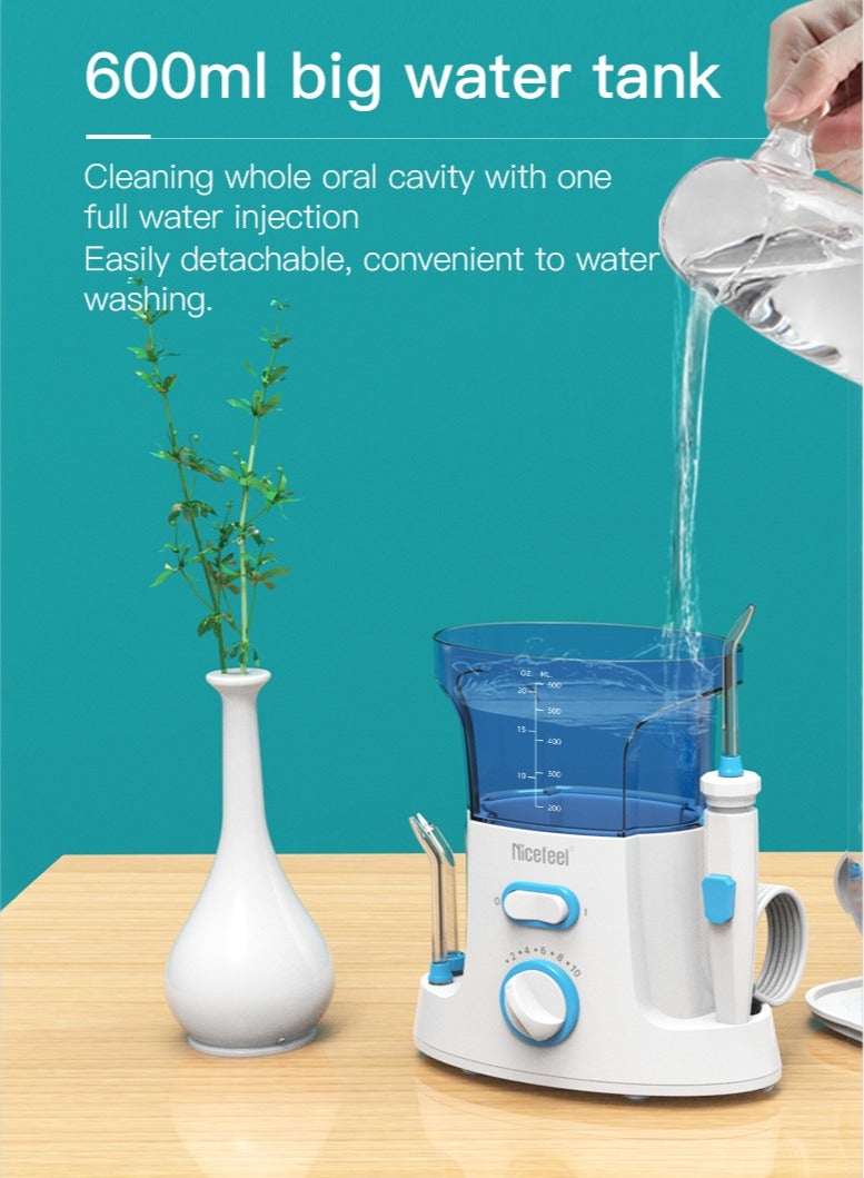 Water Flosser Tooth Cleaner Electric Oral Irrigator Dental Teeth Care 600ml Capacity with 2 Tips and Advanced Pressure Control System with 10 Settings, Dental Plaque Removal Tool, White/Blue