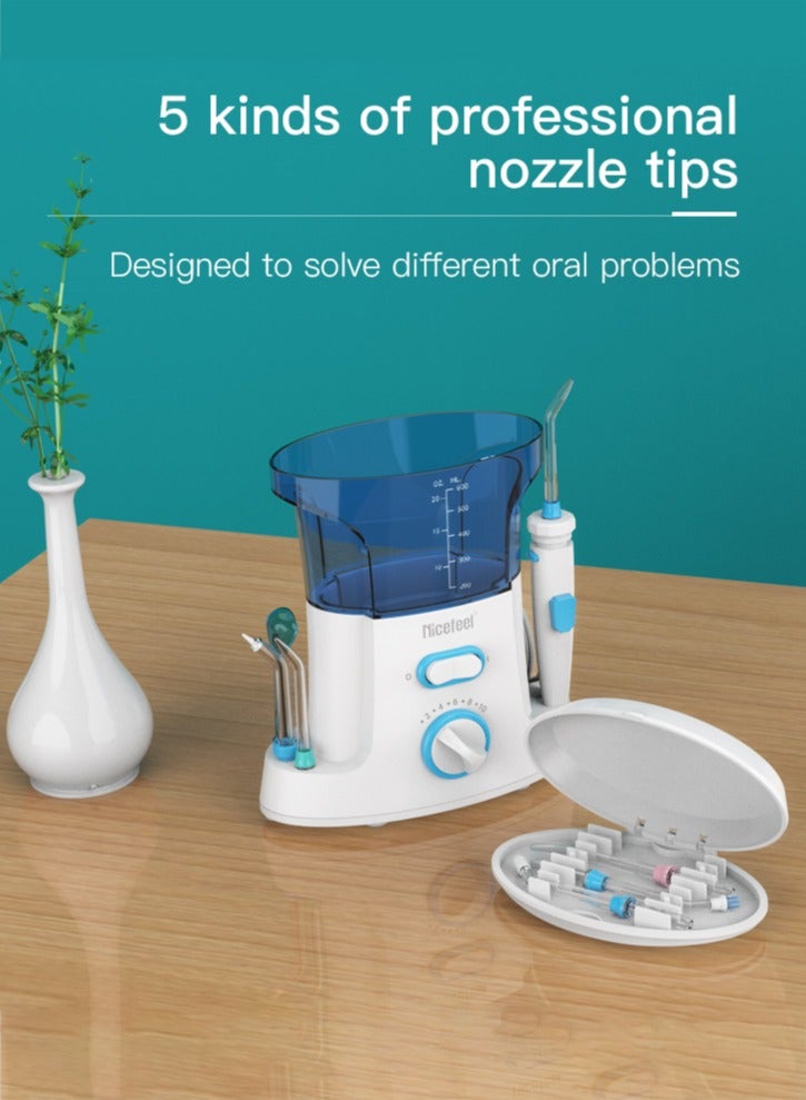 Water Flosser Tooth Cleaner Electric Oral Irrigator Dental Teeth Care 600ml Capacity with 2 Tips and Advanced Pressure Control System with 10 Settings, Dental Plaque Removal Tool, White/Blue