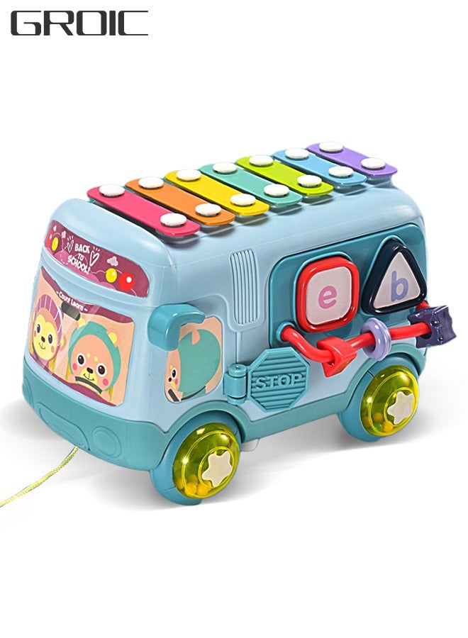 Baby Musical Push And Pull Bus Toys, Multifunctional Music Bus with Xylophone Instruments Shape Sorting Building Blocks And Removable Wheel Bell Montessori Educational Toy for Toddlers