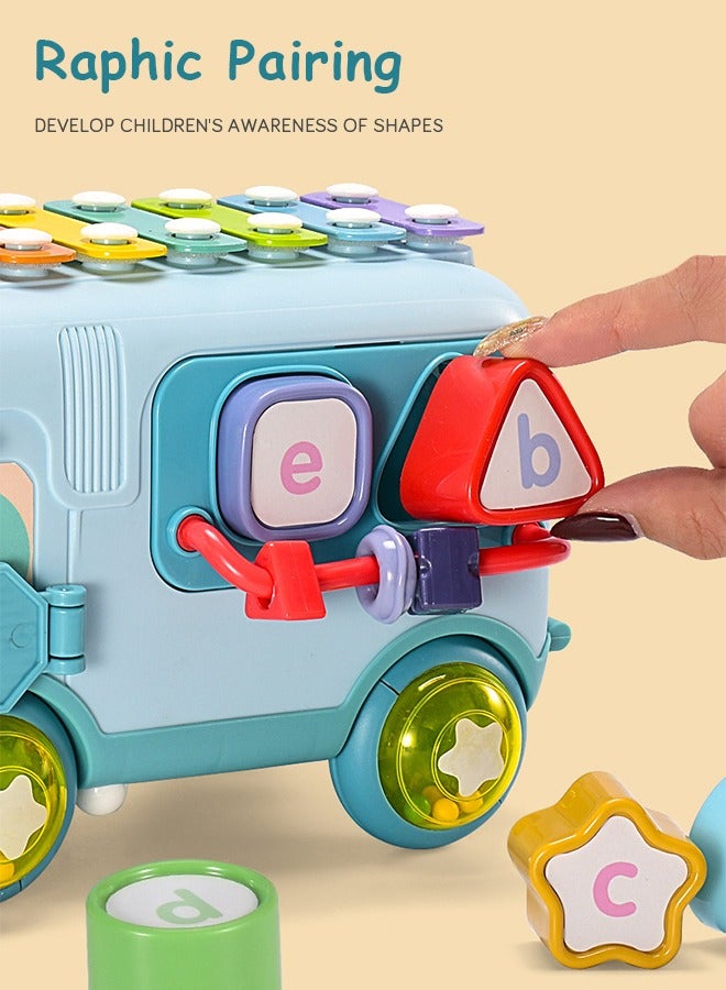 Baby Musical Push And Pull Bus Toys, Multifunctional Music Bus with Xylophone Instruments Shape Sorting Building Blocks And Removable Wheel Bell Montessori Educational Toy for Toddlers