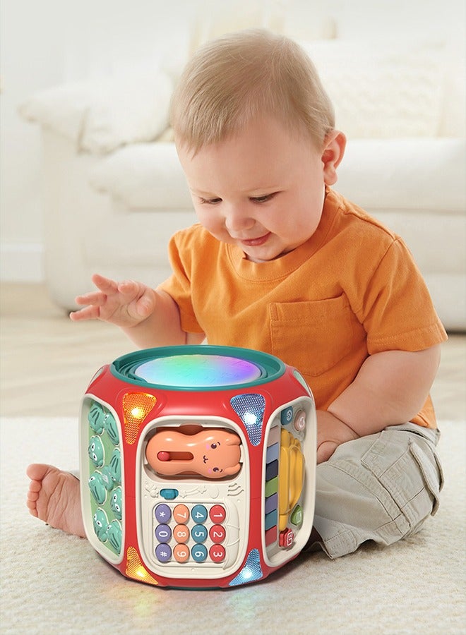 Multi-Function Activity Cube Toy for Baby 8-in-1 Hands Drum Shape Sorter Piano Kids Phone Toy with Light and Music Early Educational Activity Toy for Toddlers