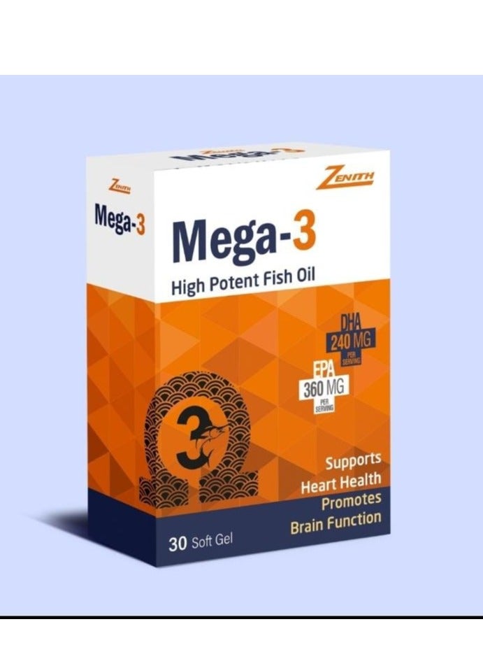 Mega-3 High Potent Fish Oil Soft Gel for Heart and Brain Supports 30's