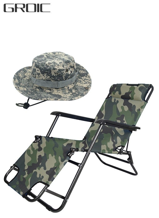 2-Piece Outdoor Recliner Chair Large Size Bonnie Hat Set Folding Camping Portable Padded Zero Gravity Adjustable Lounge Chair  - Camouflage 153*60*82cm