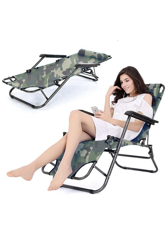 2-Piece Outdoor Recliner Chair Large Size Bonnie Hat Set Folding Camping Portable Padded Zero Gravity Adjustable Lounge Chair  - Camouflage 153*60*82cm