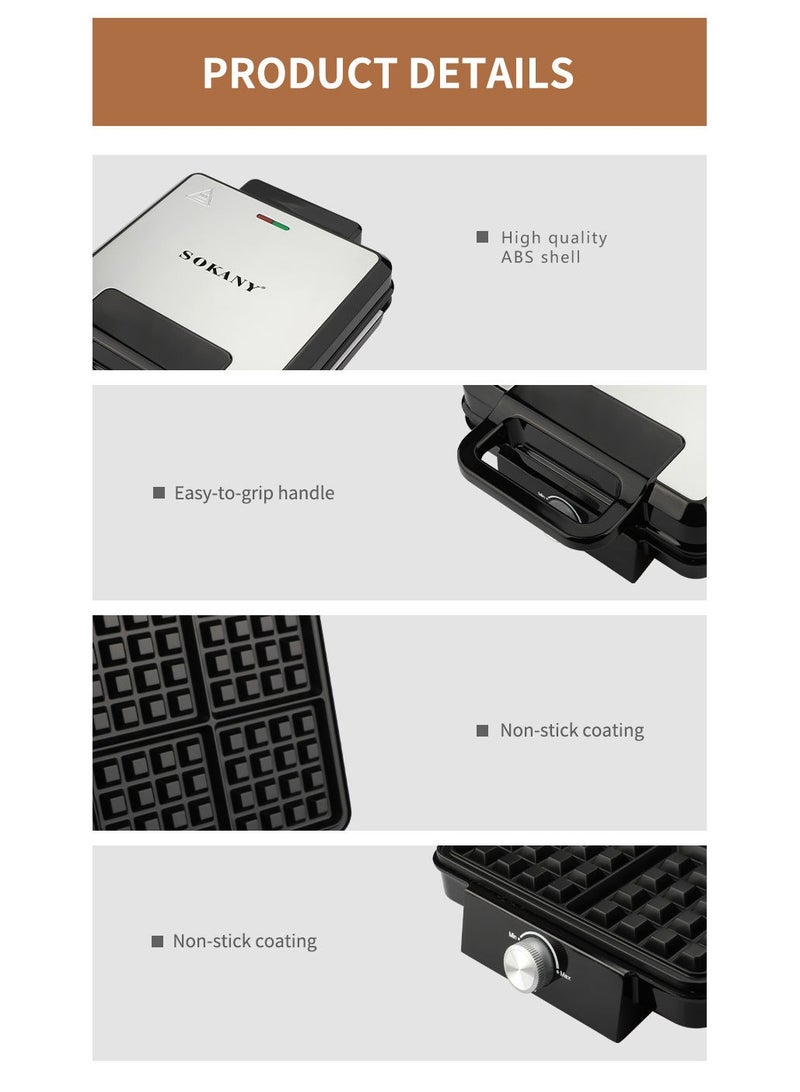 Electric waffle maker 4 large pieces 1500 watts Non Stick Teflon plates & Adjustable Temperature Control SK-08031 Black