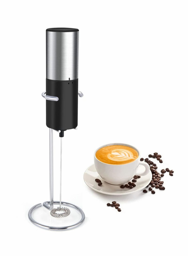 Electric Milk Frother Handheld Foam Maker for Lattes - Whisk Drink Mixer for Coffee | Milk Frother Stainless Steel Stand | Milk Frother Handheld for Lattes Frappe Matcha Hot Chocolate -Black