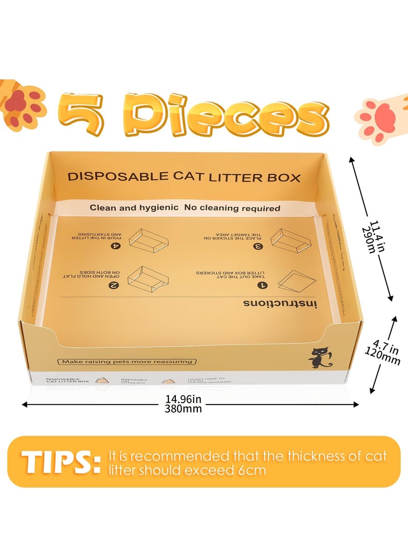 Disposable Cat Litter Box, 5 Pcs Double Layer Foldable Paper Kitty Tray, Portable Travel Litter Box, Paper Kitten Litter Tray for Cats Small Pets Animals (14.96 x 11.4 x 4.7 Inch)