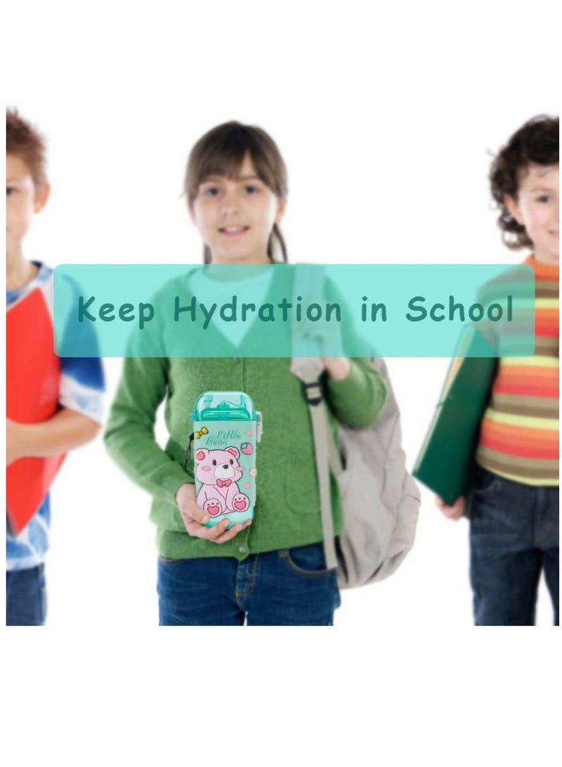 Water Bottles, Kids with Straw Cute Water Bottle, with Lids Shoulder Strap, for School Girls Boys, Reusable Leak Proof Plastic Drink Sport Bottle juice Square Cups Travel Gifts, BPA Free (Bear)