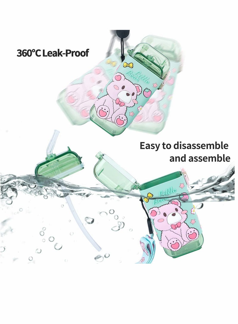 Water Bottles, Kids with Straw Cute Water Bottle, with Lids Shoulder Strap, for School Girls Boys, Reusable Leak Proof Plastic Drink Sport Bottle juice Square Cups Travel Gifts, BPA Free (Bear)