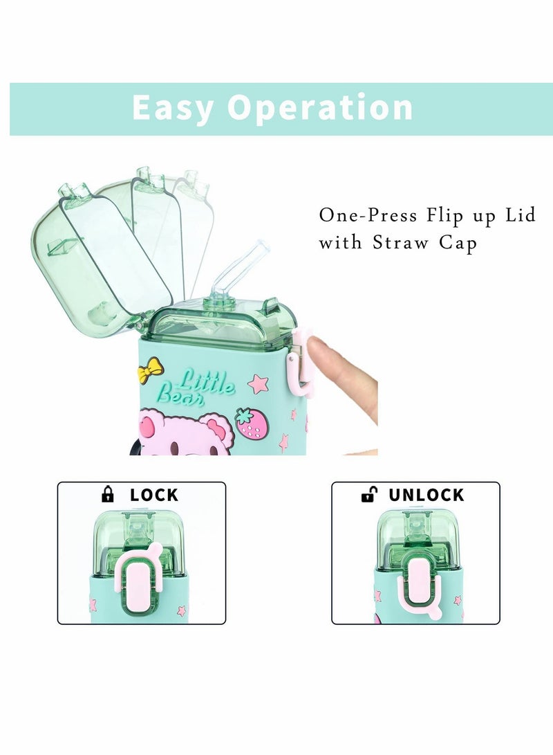 Water Bottles, Kids with Straw Cute Water Bottle, with Lids Shoulder Strap, for School Girls Boys, Reusable Leak Proof Plastic Drink Sport Bottle juice Square Cups Travel Gifts, BPA Free (Bear)