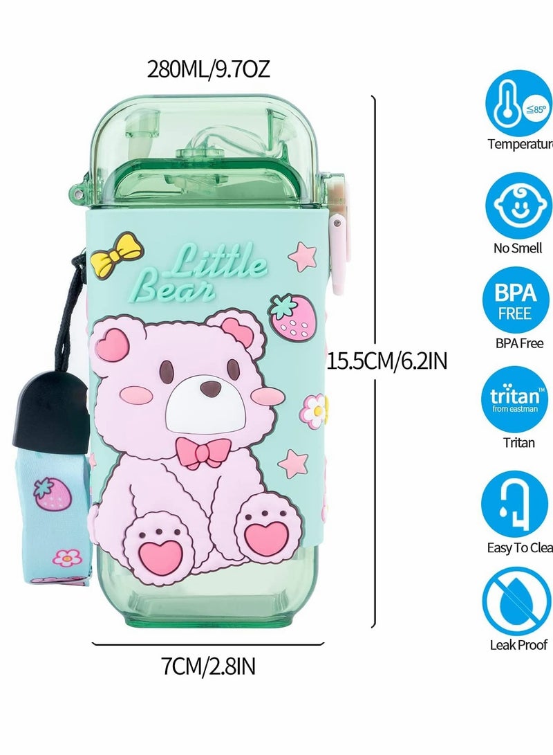 Water Bottles, Kids with Straw Cute Water Bottle, with Lids Shoulder Strap, for School Girls Boys, Reusable Leak Proof Plastic Drink Sport Bottle juice Square Cups Travel Gifts, BPA Free (Bear)