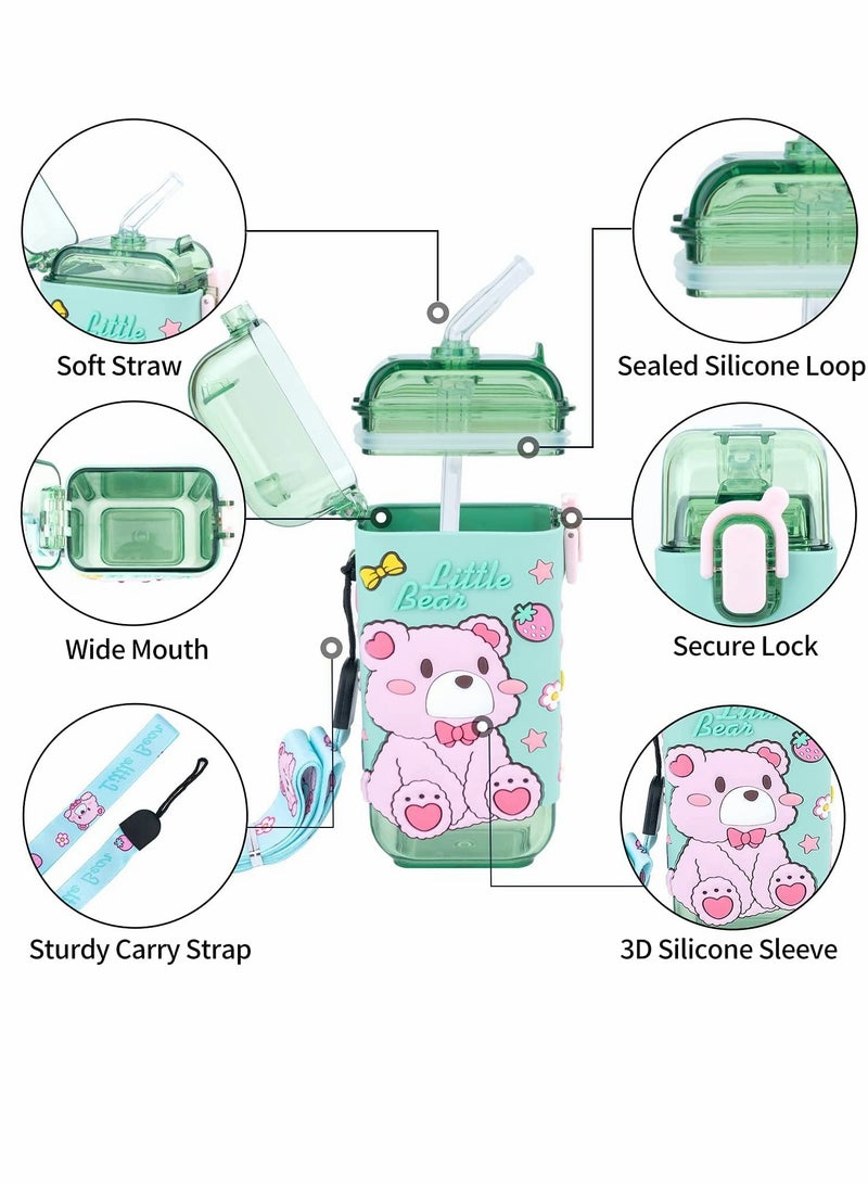 Water Bottles, Kids with Straw Cute Water Bottle, with Lids Shoulder Strap, for School Girls Boys, Reusable Leak Proof Plastic Drink Sport Bottle juice Square Cups Travel Gifts, BPA Free (Bear)