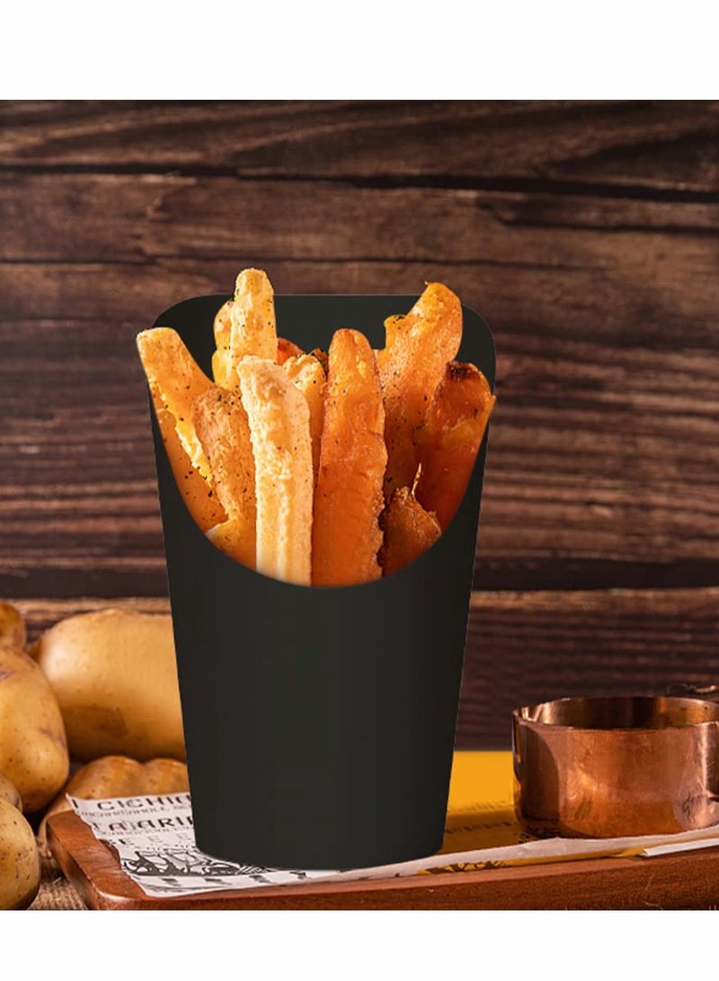 50 Pcs 14oz Disposable French Fry Holders - Black Kraft Paper Charcuterie Cups for Waffles, Chips, Popcorn, and Party Treats - Perfect Takeout Food Boxes for Snacks and Cones.