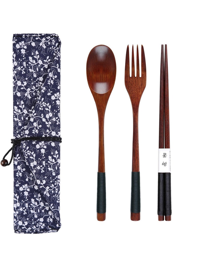 3Pcs Wooden Spoon Fork Chopsticks Set Japanese Style Cutlery Wooden Cutlery Set with Storage Bag Sustainable Reusable Travel Cutlery Set for Camping Picnic Office or Home