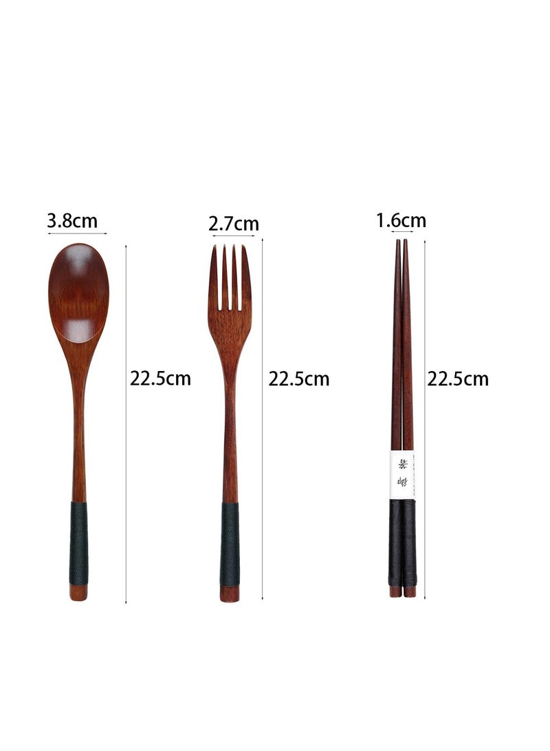 3Pcs Wooden Spoon Fork Chopsticks Set Japanese Style Cutlery Wooden Cutlery Set with Storage Bag Sustainable Reusable Travel Cutlery Set for Camping Picnic Office or Home