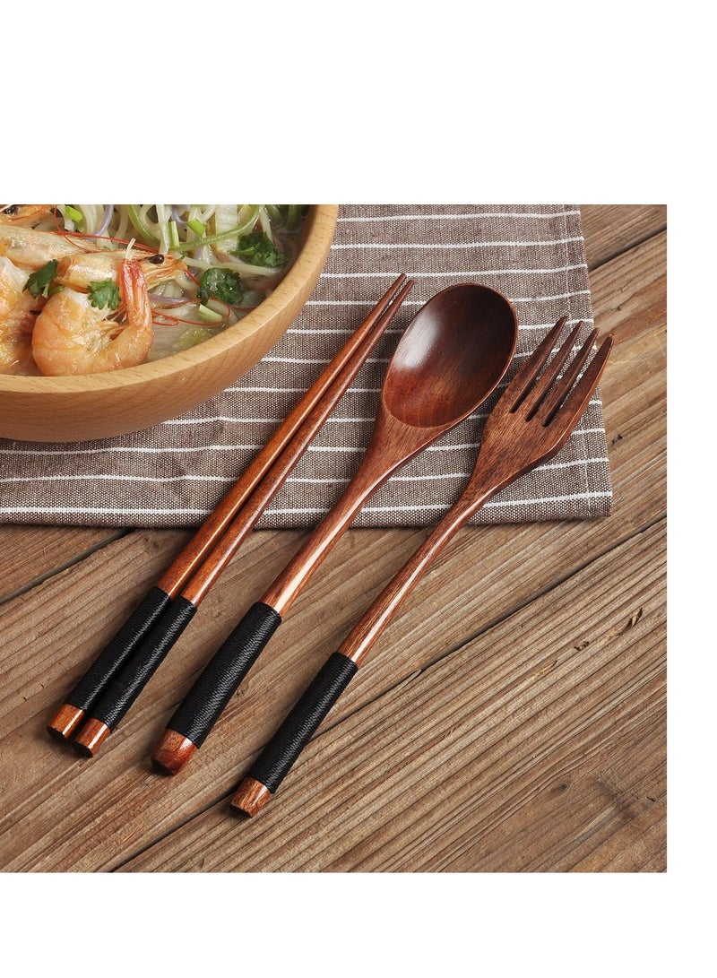 3Pcs Wooden Spoon Fork Chopsticks Set Japanese Style Cutlery Wooden Cutlery Set with Storage Bag Sustainable Reusable Travel Cutlery Set for Camping Picnic Office or Home