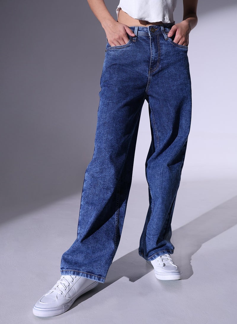 Women Relaxed Fit High-Rise Clean Look Heavy Fade Stretchable 90s Baggy Jeans