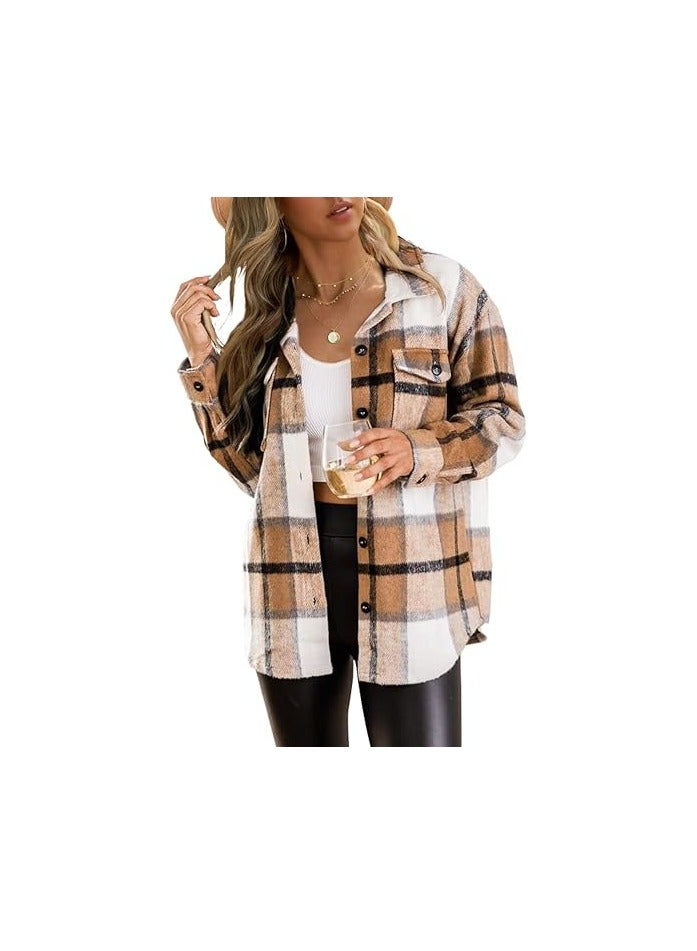 Womens Flannel Shacket Jacket Casual Plaid Wool Blend Button Down Long Sleeve Shirt Fall Clothes Outfits