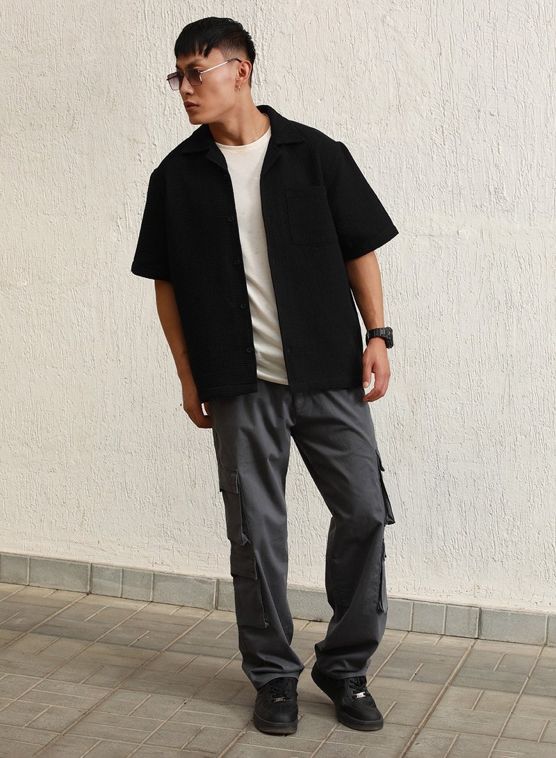 Black Cotton Spread Collar Short Sleeves Solid Oversized Shirts