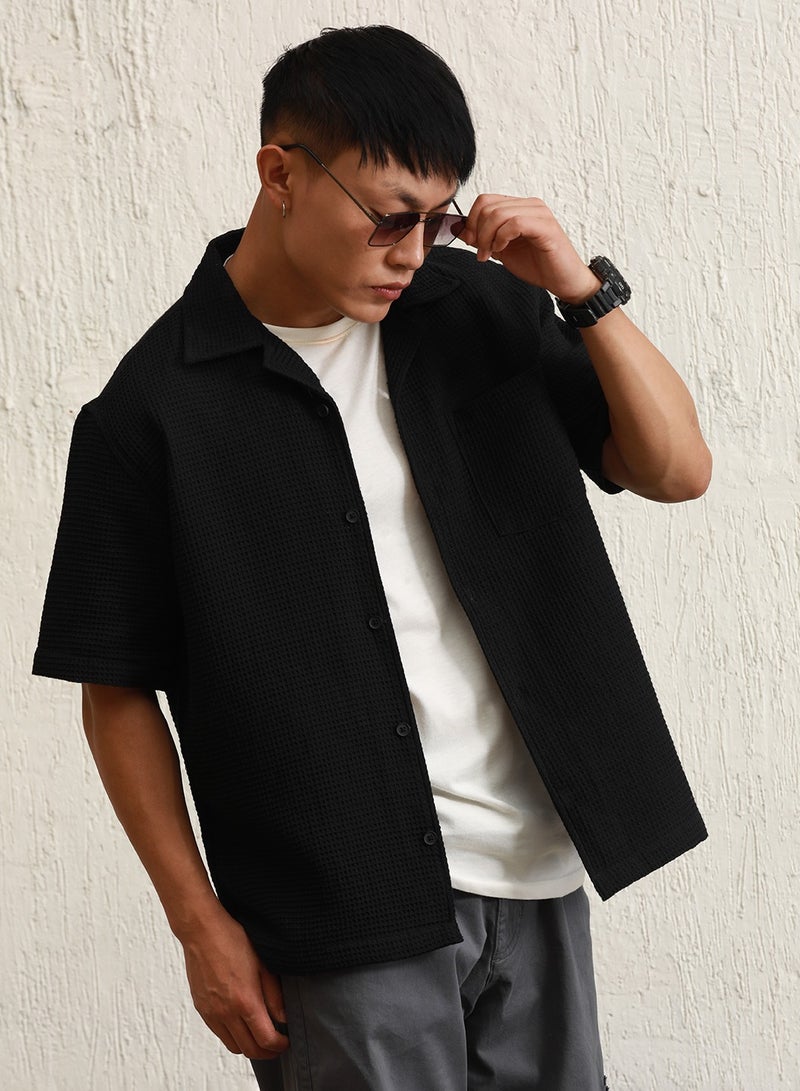 Black Cotton Spread Collar Short Sleeves Solid Oversized Shirts